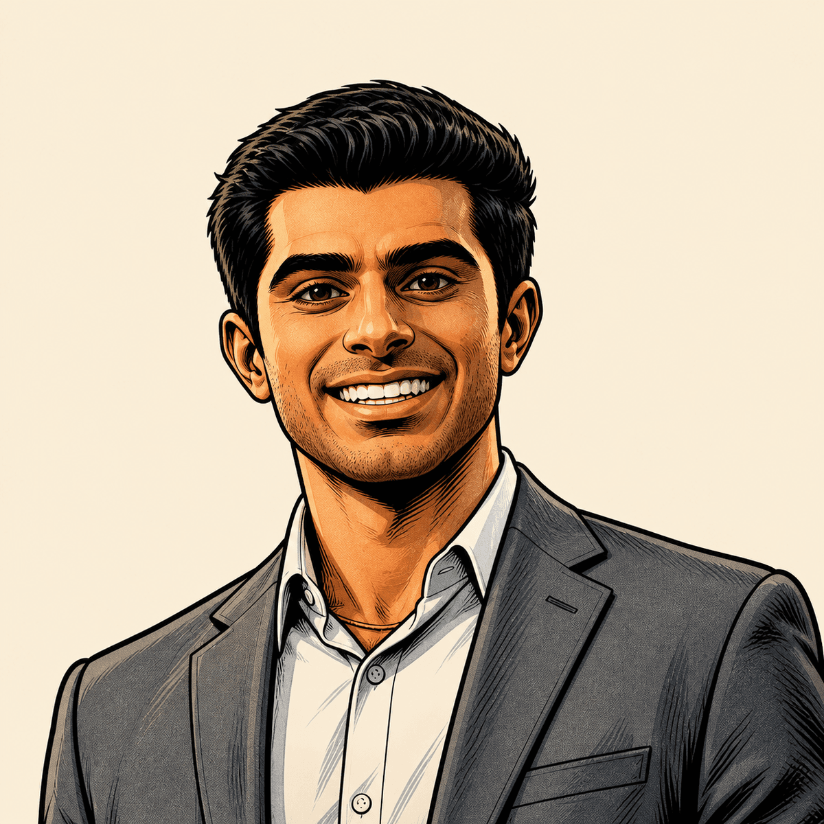 Comic-style portrait of Shray Dewan